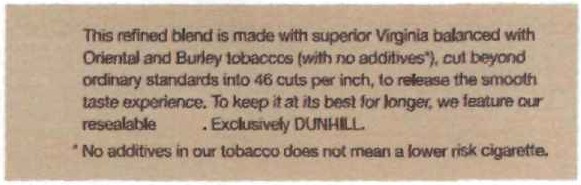 this refined blend is made with superior virginia balanced with oriental and burley tobaccos (with no additives*), cut beyond ordinary standards into 46 cuts per inch, to release the smooth taste experience.
