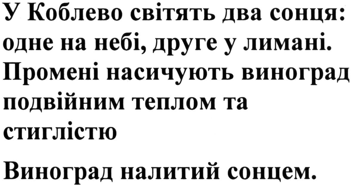 у коблево світять два сонця: одне на небі, друге у лимані. промені насичують виноград подвійним теплом та стиглістю виноград налитий сонцем.