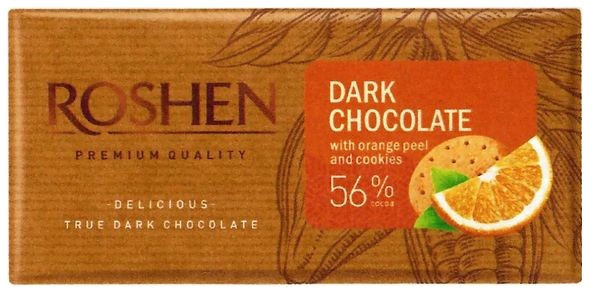 dark chocolate with orange peel and cookies 56% cocoa