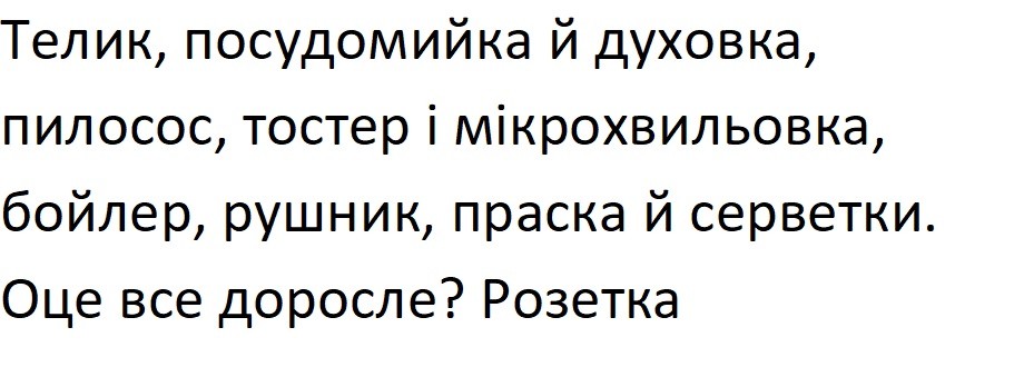 телик, посудомийка й духовка, пилосос, тостер і мікрохвильовка, бойлер, рушник, праска й серветки
