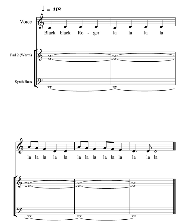 Зображення марки «118 · synth bass · (warm) · pad 2 · roger · black black ro-ger la la la la · voice»