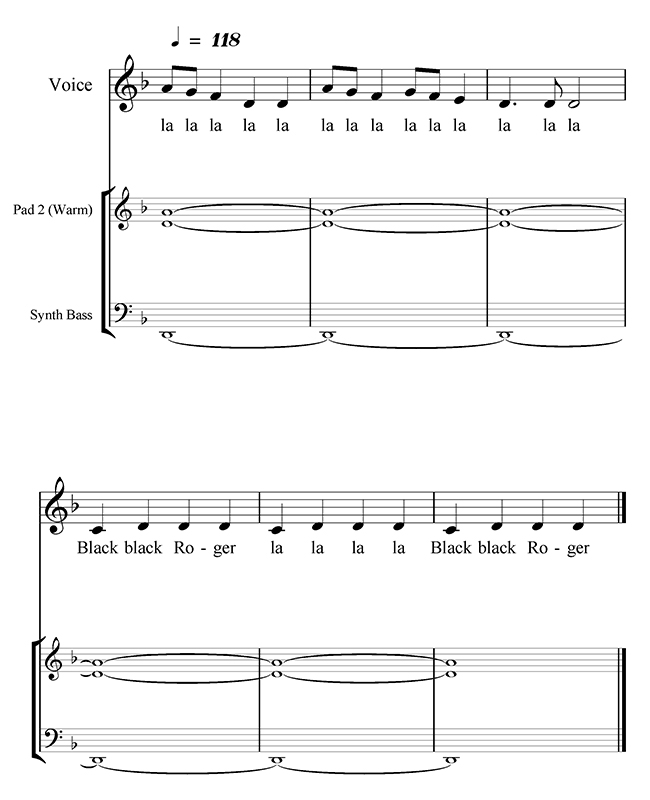 Зображення марки «black black roger la la la la black black roger · synth bass · pad 2 (warm) · voice · 118»