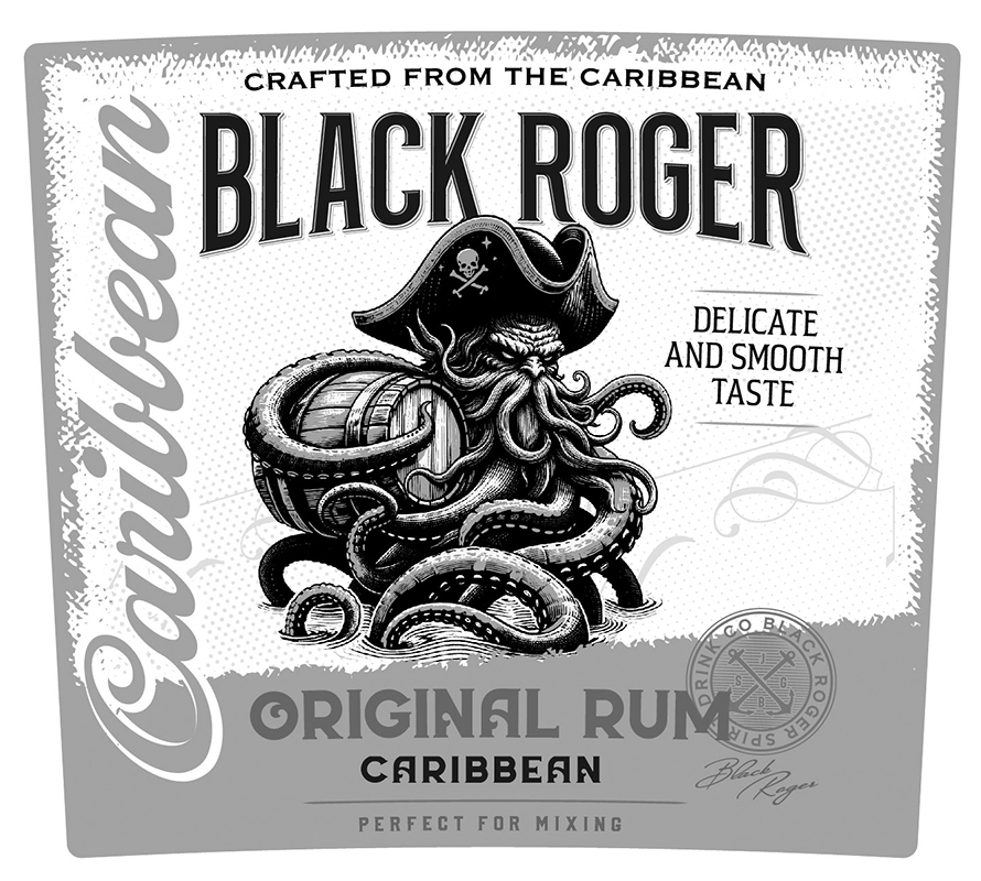 Зображення марки «black roger spirit drink · perfect for mixing · original rum · delicate and smooth taste · crafted from the caribbean»